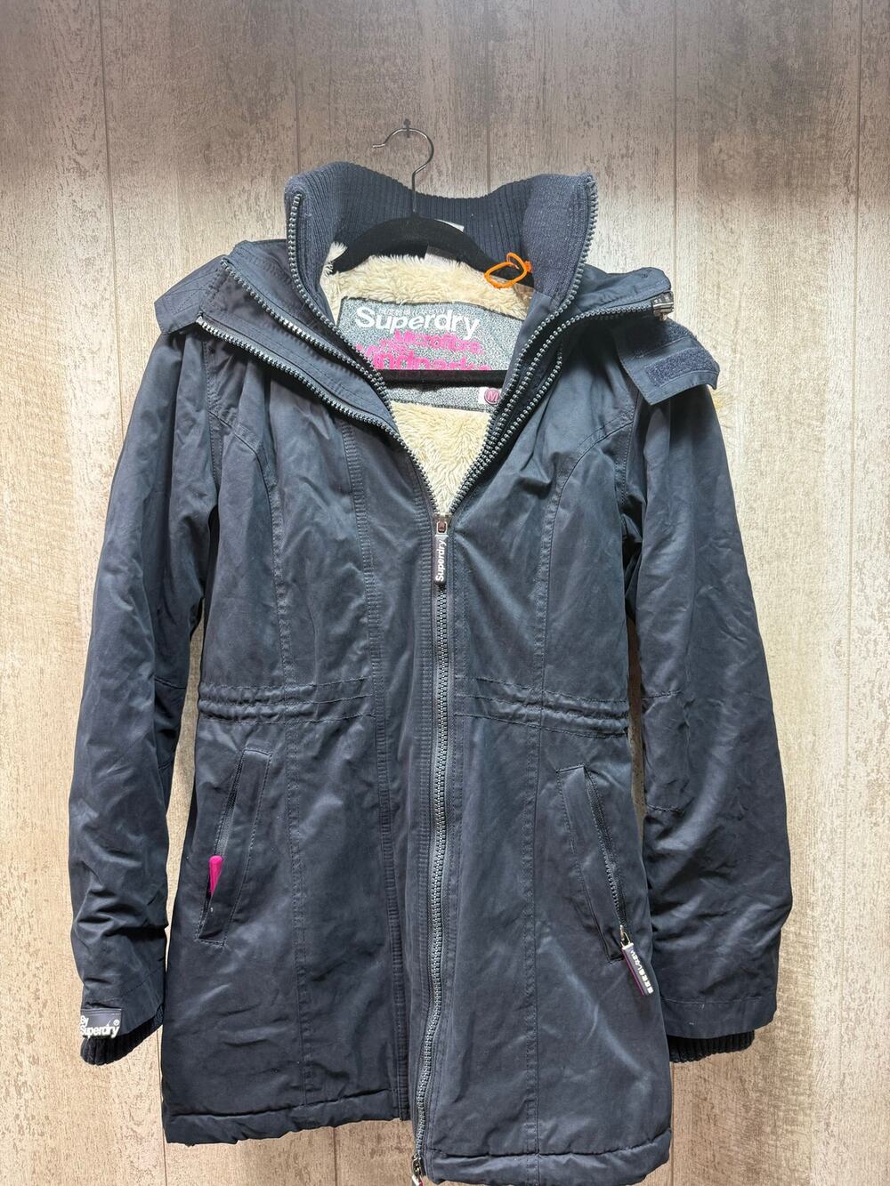 Superdry Microfibre Windparka Women’s M Navy Hooded Faux Fur Trim Coat